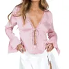 Blouses Femmes Femmes Dentelle Garniture Col V Manches Longues Haut Court Satin Sortie Hauts Cravate Avant Cloche Blouse Chemises Mignonnes