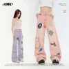 Design American OREETA | Trendy Brand Jeans Graffiti Print Pink Jeans Straight Cotton Jeans
