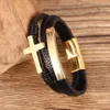 Braccialetti di moda punk Croce nera iniziale Bracciale in pelle intrecciata a mano in acciaio inossidabile con ciondoli dorati da uomo con lettera gioielli1251L