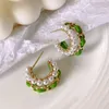 New designed Fashion luxurious pearl ear hoops Green pink chain women earrings micro inlaid diamonds Spring Summer jewelry A022