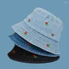 Wide Brim Hats Women Fisherman Hat Tulip Embroidery Flat Top Vintage Basin Cap Foldable Decorative Sunshade Windproof Lady