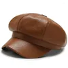 Casquettes de boule automne hiver chapeaux pour femmes solide plaine octogonale Sboy casquette hommes dames décontracté en cuir Pu chapeau béret peintre