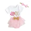 Kläderuppsättningar Baby Girl 1st Birthday Outfit Kort ärm Donut Print Romper Mesh Hem Shorts Pannbandsset