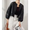 Women's Leather 2023 Promotion Autumn Fashion Sheepskin Lantern Sleeve Jacket Bubble Round Neck Cardigan Short Le