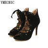 Sandales YMECHIC 2023 Dames Mince Talon Haut Été Gladiateur Femmes Talons Sexy Croix Attachée Peep Toe Noir Rome Chaussures De Fête Grande Taille