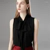 Kvinnors t skjortor söta tjej elegant kontorsarbete bär solid satin tank tops 10 färger kvinnor bow collar silk väst kvinnlig mjuk bekväm