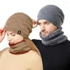 Berets Autumn Winter Men Hat Scarf Kit Wavy Knitted Stitching Pullover Cap Women Velvet Warm Ear Protection Skullies Beanies