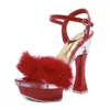 Sandaler 2023 Fur Woman Square Heel Open Toe High Heels 14cm Platform Shoes Gladiator Party Dress Women Red