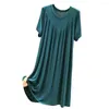 Women's Sleepwear Women Night Dress Pleated Thin Round Neck Short Sleeves Loose Sleeping Solid Color Knee Length Home Clothe