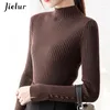 Suéteres de mujer, jersey de cuello alto Semi, ajustadas coreanas, prendas de punto básicas cálidas, suéter negro marrón para otoño, S-XL con botones para mujer