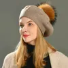 Jaxmonoy Winter Female Beret Women Hat Big Real Raccoon Fur Pompom Wool Cashmere Natural Ball Cap 231226