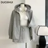 Duojihui İki Parçalı Gri Şık Kapüşonlu Gevşek Kadın Hoodies Sonbahar Moda Çizme Etek Düz Renk Fermuar Kadınlar 231226