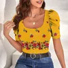 T-shirts voor dames T-shirt met vierkante hals Franse bladerdeegmouwen Zomer Top met U-hals Korte mouwen 3D-print Korte straat Nauwsluitende kleding