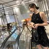 Women's spaghetti strap loose a-line black color rhinestone letter bow patched runway sexy party dress SML