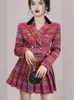 Vestidos de trabajo ZAWFL otoño invierno elegante tweed falda a cuadros conjuntos mujeres dulce o-cuello chaquetas de flores tops cortos mini faldas plisadas traje