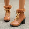 Boots Women's Shoes 2023 Plush Back Zip Ankle Retro Daily Women Round Toe Lace-up Chunky Heel Non Slip