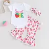 Kledingsets Peuter Baby Meisjes Outfit Witte Letter Borduren Romper Aardbeienprint Broek Hoofdband Kleding met korte mouwen