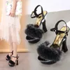 Sandaler 2023 Fur Woman Square Heel Open Toe High Heels 14cm Platform Shoes Gladiator Party Dress Women Red