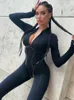 Mozision Black Sexy Skinny Jumpsuit Frauen Overall O Hals Full Ärmel Reißverschluss Sporty Overallit Ladies Mode Rompers Streetwear 231227