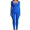 Geribbelde gebreide jumpsuit uit één stuk Dames Effen kleur Lage kraag Lange mouw Elegante bodysuit Yoga Fitness Mode Romper 231227