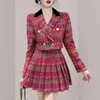 Vestidos de trabajo ZAWFL otoño invierno elegante tweed falda a cuadros conjuntos mujeres dulce o-cuello chaquetas de flores tops cortos mini faldas plisadas traje