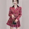 Vestidos de trabalho zawfl outono inverno elegante tweed xadrez saia define feminino doce o-pescoço flor jaquetas curto topos mini saias plissadas terno