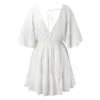Casual Dresses White Lace Tunic Mini Dress Cover Ups Spring Summer Sexy Deep V Neck Ruffles Women kläder Kort strand Sundress