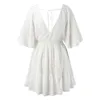 Robes décontractées tunique en dentelle blanche mini robe cache-ups printemps été sexy col en V profond volants femmes vêtements courte plage robe d'été