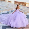 Lavender Princess Puffy Quinceanera Dresses Off Shoulder Applique Lace Beads Lace-up Corset Cathedral Train vestido de 15 anos