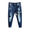 Men's Jeans Slim Fit Mens Embroidered Skull Ripped Scratch Fashion Streetwear Small Straight Casual Male Stretch Denim Pants