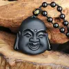 Bijoux de haute qualité 100% obsidienne noire naturelle, pendentif tête de bouddha Maitreya, amulette porte-bonheur pour femmes et hommes