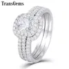 Transgems Solid 10K White Gold Engagement Bridal Set Center 1CT 6mm Square Cushion CURE Halo Moissanite Ring Set for Women Y200620289M