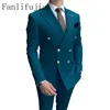 Fanlifujia Store 2023 Casual Sky Blue Men Suits Double Brupt Lapel Gold Button Groom Wedding Tuxedos Costume Homme 231226