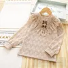 Sweet girls lace princess shirt kids Bows tie falbala long sleeve blouse 2024 spring children all-matching bottoming shirts Z6347