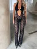 Sexy See Through Floral Lace 1Piece Women Jumpsuit Cutout Halter Elegant Backless Black White Jumpsuits Nightclub Outfits 231227