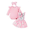 Kledingsets Baby Girl Easter Outfit Rok Geboren kleren Lange mouw Romper met cartoon Algemene jurk en hoofdband