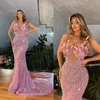Party Dresses Fancy Mermaid Pink Evening Feathers Spaghetti Straps Prom Gowns Custom Made Sequined Pärled