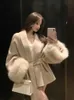 Mélanges de laine pour femmes Version coréenne fausse fourrure de renard manteaux de laine vestes de manteau de manchette de fourrure pour femmes avec ceinture femme Poncho mi-long pardessus en laine hauts J231227