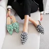 Slippers 2023 Classic Houndstooth Fabric Shoes Ladies Pointed Cover Toe Mules Sliders Women Home&Outside Bow-Knot Flat Sandals