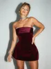 Solid Off Shoulder Velvet Short Gown Dress A Line Christmas Spliced Strapless Mini Dresses 2024 High Waist Slim Club Robes 231227