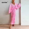 Casual Dresses Sexy Deep V Big Backless Evening Dress Women Fashion Loose Bat Sleeve Maxi 2023 Autumn Ladies Solid Pleated
