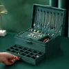 Grüne 3-lagige Flanell-Schmuck-Organizer-Box für Halsketten, Ohrringe, Ringe, Präsentationsbox für Damen, großes Fassungsvermögen, mit Schloss 231226