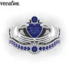 Vecalon Lovers Blue Birthstone claddagh ring 5A Zirkoon Cz Wit goud gevuld Engagement trouwring ring Set voor vrouwen mannen Gift244r