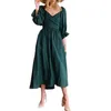 Casual Dresses Women Dress Hollow Out Low-cut V Neck Elastic High Waist Three Quarter Puff Sleeves Loose Hem A-line Party