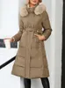 Damen Trenchcoats Mit Kapuze Langer Mantel Frauen Winter Warmer Pelzkragen Daunengepolsterte Jacke Weibliche Elegante Mode Einfarbig Schlanker Bandage-Reißverschluss