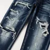 Men's Jeans Blue Distressed Streetwear Style Pants Bandana Ribs Patches Stretch Holes Slim Fit High Street Ripped