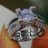 Sz 5 6 7 8 9 10 Anillo de bodas de compromiso de diamante simulado con gema de topacio blanco GF lleno de oro blanco de 10 quilates retro completo 285F