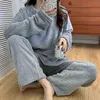 Autumn Winter Women Thicken Coral Fleece Pajamas Set Solid Warm 2 Piece Sets Pullover Pants Casual Long Sleeve Home Service Suit 231226