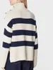Suéter feminino de malha com listras de caxemira, botões de ombro, gola alta, fenda lateral, solto, casual, manga comprida, 2023