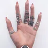 Pierścienie klastrowe Czech Lotus Rose Flower for Women Black Stone Metal Stopy Knuckle Midi Ring Zestaw biżuterii Anillos 14pcs/Set 6391